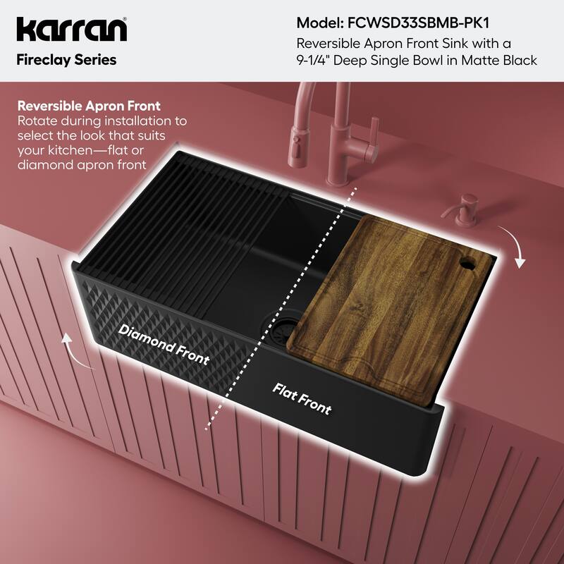 Karran 33" Single Bowl Workstation Fireclay Kitchen Sink with Reversible Diamond/Flat Apron Front