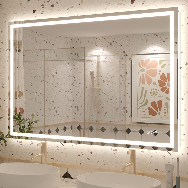 Large LED Bathroom mirror Tempered Glass Dimmable Anti-Fog Vanity Mirror - 48x32