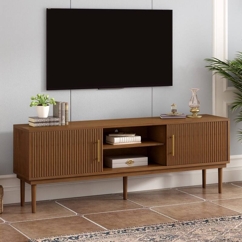 Modern TV Stand with Vertical Striped Sliding Doors for TVs Up to 75"