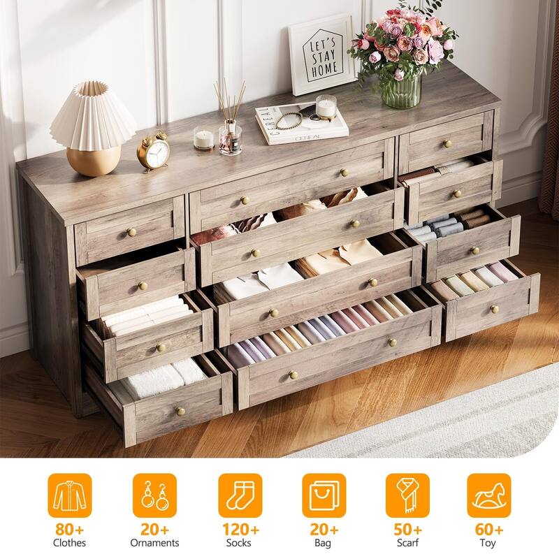Dresser for Bedroom,Withe Long Wood Dresser with 12 Drawers,Storage Chest of Drawers with Plug-in Charging Hub