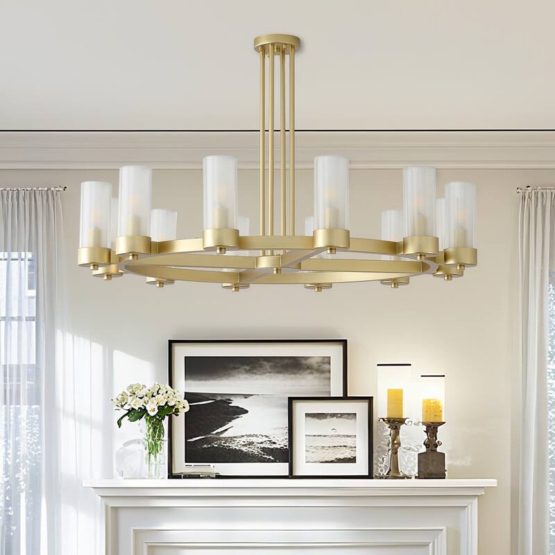 12 - Light Modern Round Chandelier with Frosted Glass Cylinder Shades