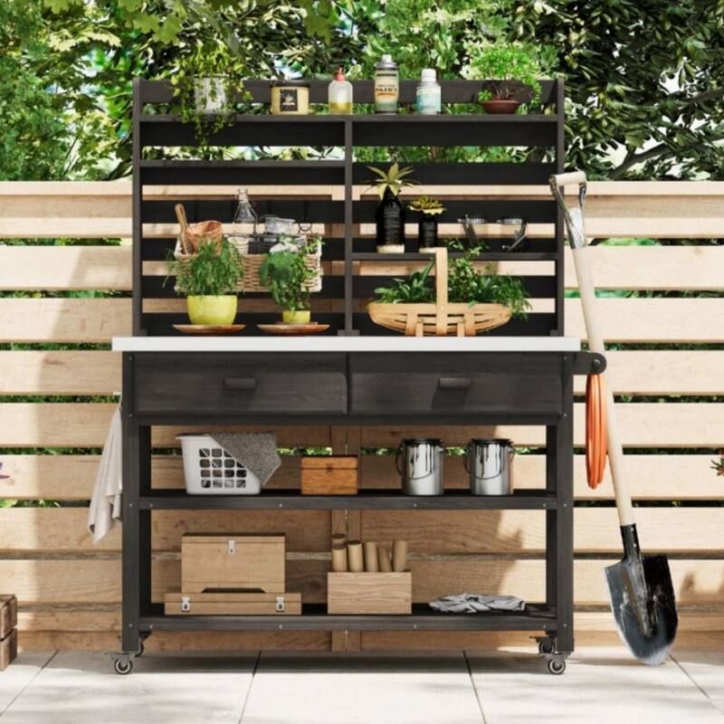 Outdoor Potting Bench Table with Lockable Wheels Solid Wood Kitchen Island and Stainless Steel Top - Black
