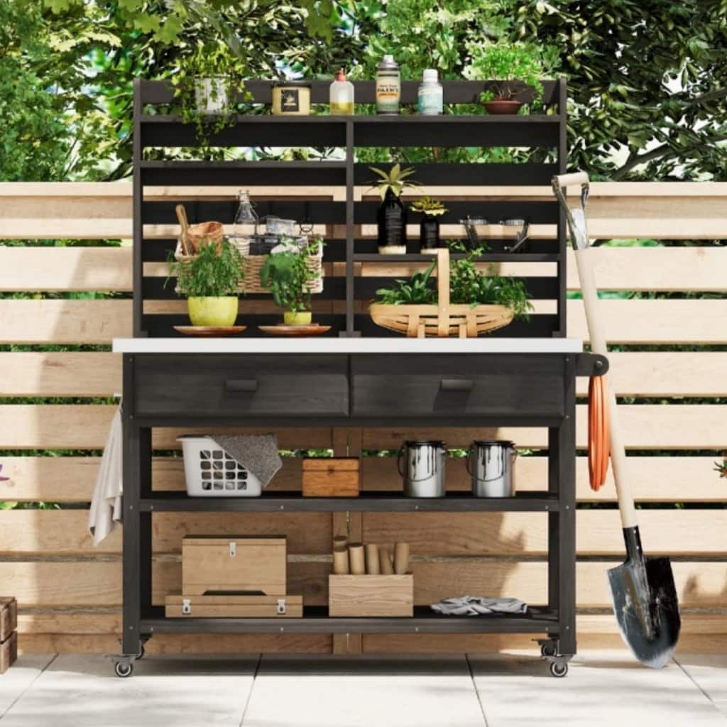 Roomfitters 64.9" Outdoor Potting Bench & Kitchen Island with Stainless Steel Top, Propane Rack & Lockable Wheels, Black