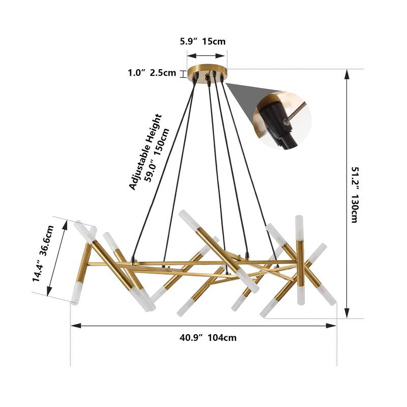 41" Chandelier Light Fixture, Branch Design with Frosted Tubes, Adjustable Height Pendant for Dining Room, Living Room
