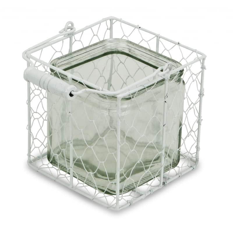 HomeRoots 5.5" White and Clear Wire Basket Glass Jar - 5.5" x 5.5" x 5.5"