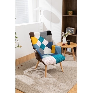 Patchwork Accent Chair, Solid Wood Armrest and Feet - Ergonomic Curved ...