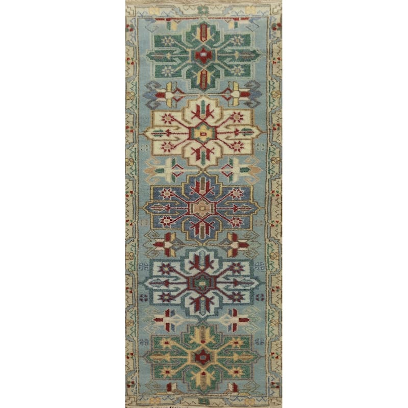 Hand-knotted Traditional Wool Blue Geometric Oriental Area Rug - 7' 10'' X 2' 7''