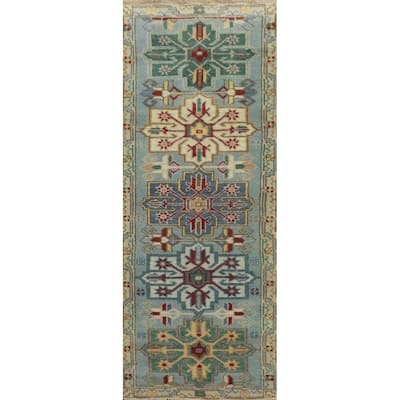 Hand-knotted Traditional Wool Blue Geometric Oriental Area Rug - 7' 10'' X 2' 7''