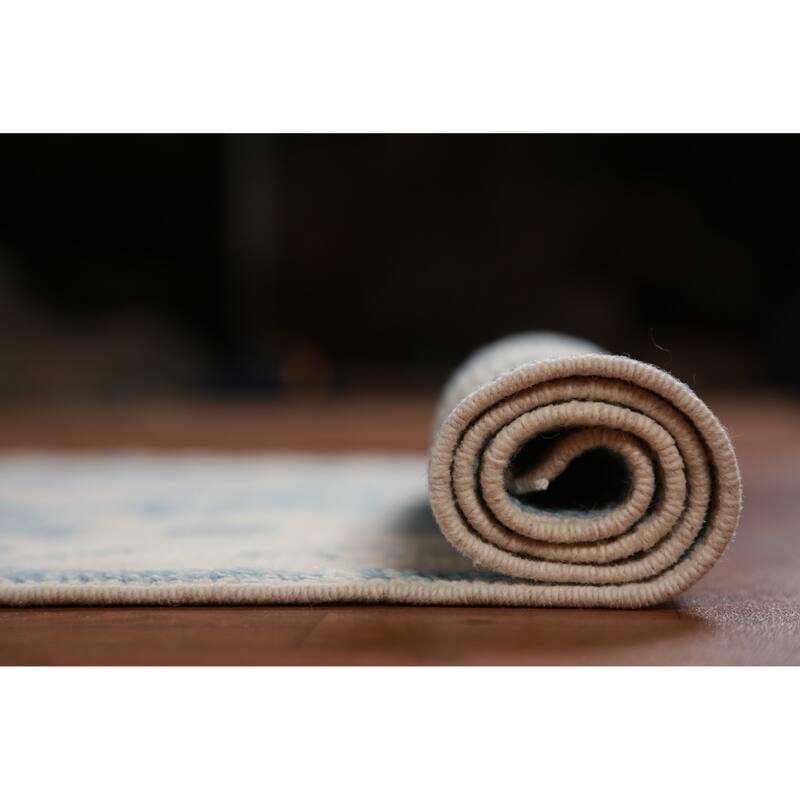 Hand Knotted Oriental 100% Wool Carpet Transitional Floral Navy Blue & Blues Oushak Runner Rug - 14' 5'' X 3' 1''