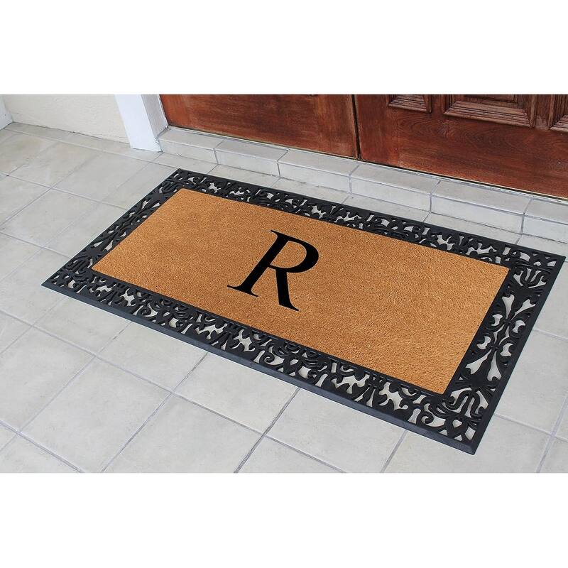 A1HC Rubber and Coir Paisley Border Heavy Duty Non-Slip Durable Double Door Monogrammed Doormat 30"X60", Black