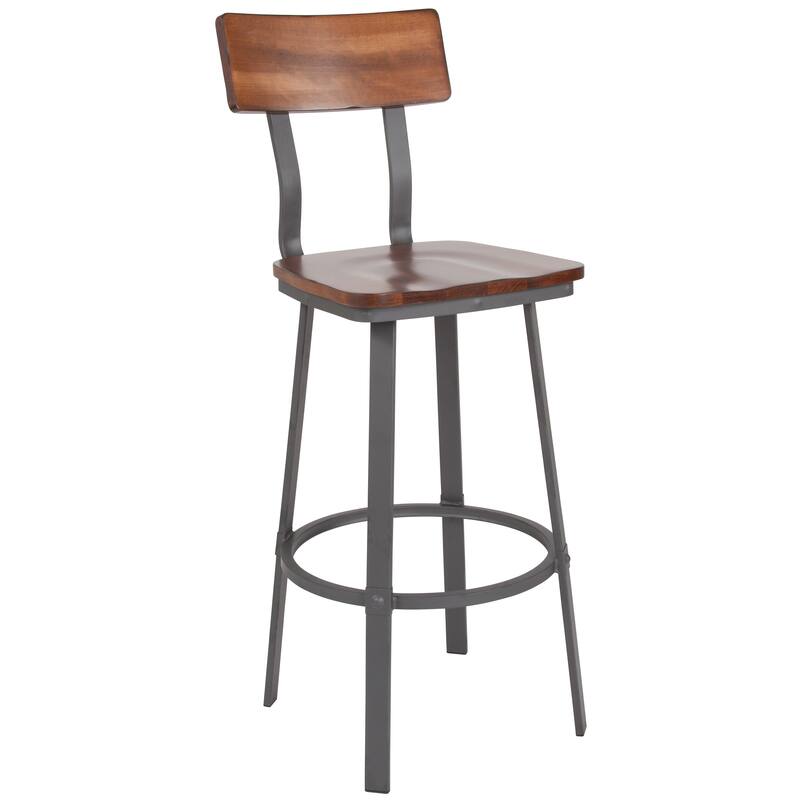 Rustic Walnut Restaurant Barstool with Wood Seat & Back & Gray Powder Coat Frame - 16.25"W x 22.75"D x 45"H