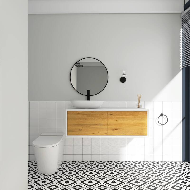Wall Mounted Bathroom Vanity Set with White Solid Surface Top and Vessel Sink - 48"