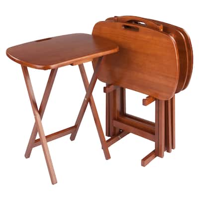Lucca 5-Pc Snack Table Set with Storage Stand Teak Finish