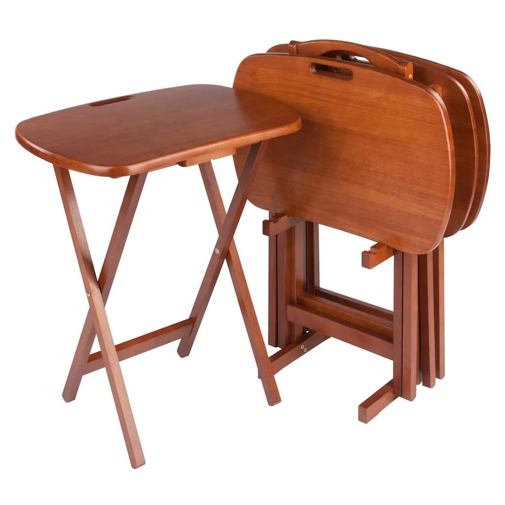 Lucca 5-Pc Snack Table Set with Storage Stand Teak Finish