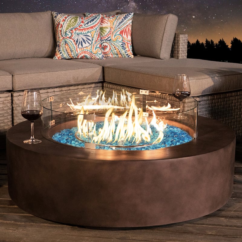 SUNBURY 42''Round Propane Fire Pit w Wind Guard and Fire Glass - Brown+Aqua Blue Fire Glass