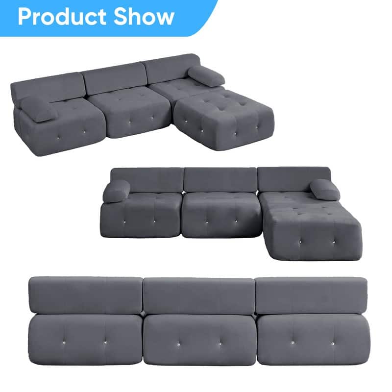 Mixoy 100inch Modular Sectional Sofa with Ottoman,Velvet 3-Seater L-Shaped Couch for Living Room - 100.4"w x 66.9"D x 24.8"H