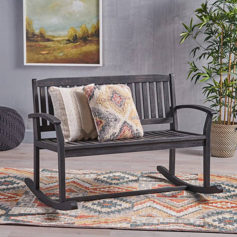 Roomfitters Outdoor Wooden Rocking Loveseat with Slatted Backrest, Wide Armrests and Classic Curved Base - Rustic Grey