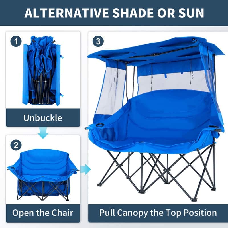 Double Beach Chair with Canopy Shade, Cup Holder and Side Pocket
