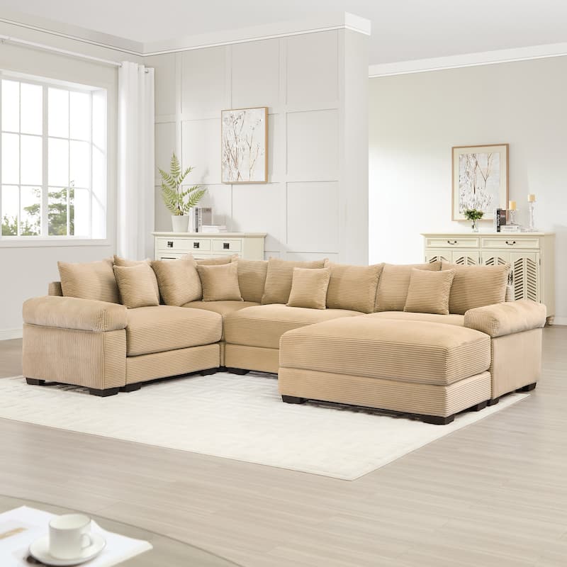 4-Seat Convertible Cloud Corduroy Modular Sofa with 13 Throw Pillows