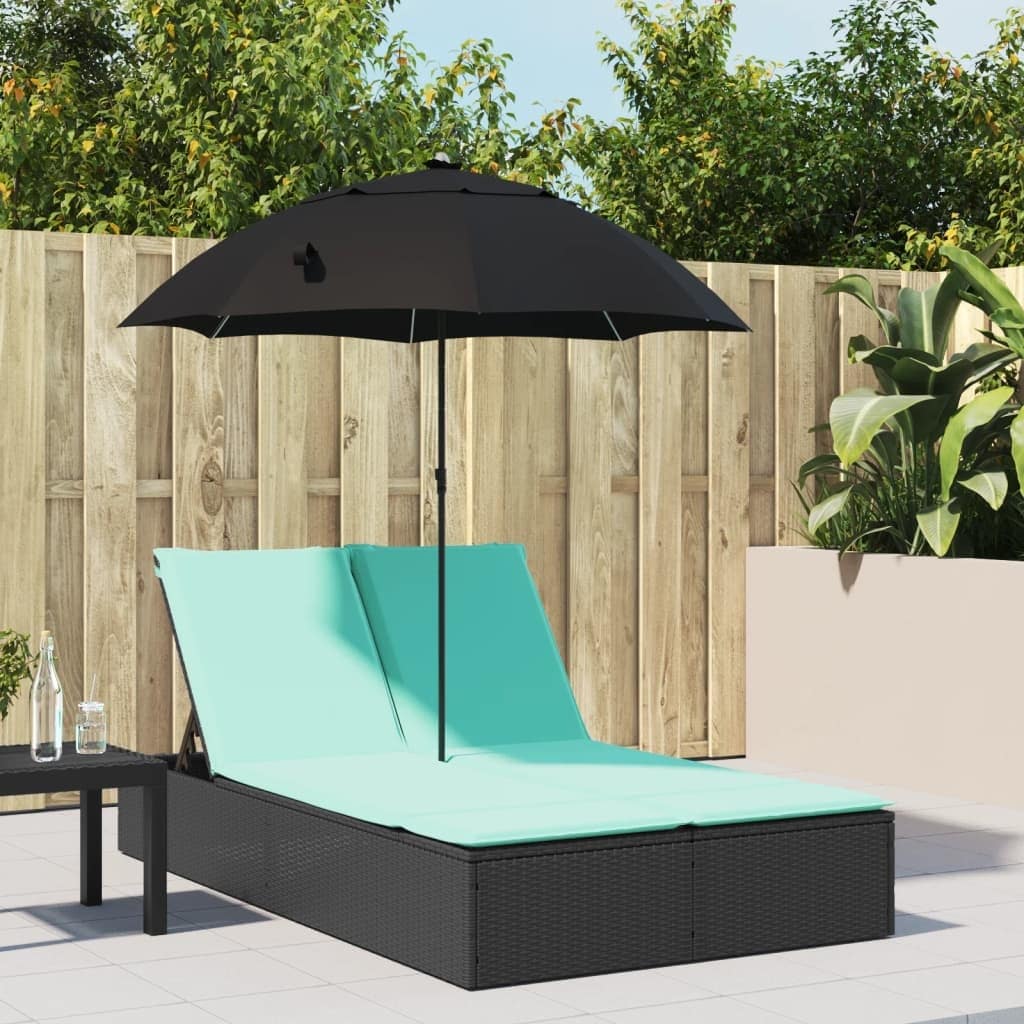 vidaXL Patio Double Sun Lounger&Cushions&Parasol Poly Rattan Brown/Gray/Black - 78.7" x 64.6" x 69.3"