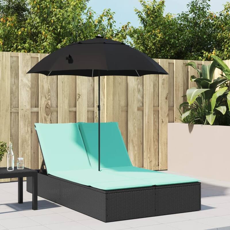 vidaXL Patio Double Sun Lounger&Cushions&Parasol Poly Rattan Brown/Gray/Black - 78.7" x 64.6" x 69.3" - Black (3)
