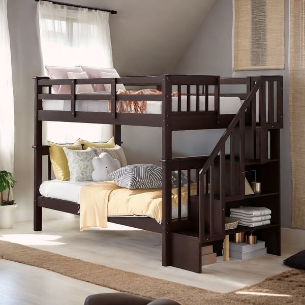 slide 2 of 15, Stairway Twin over Twin Bunk Bed with Storage and Guard Rail for Bedroom, Dorm, Maximized Storage Space, Espresso Espresso