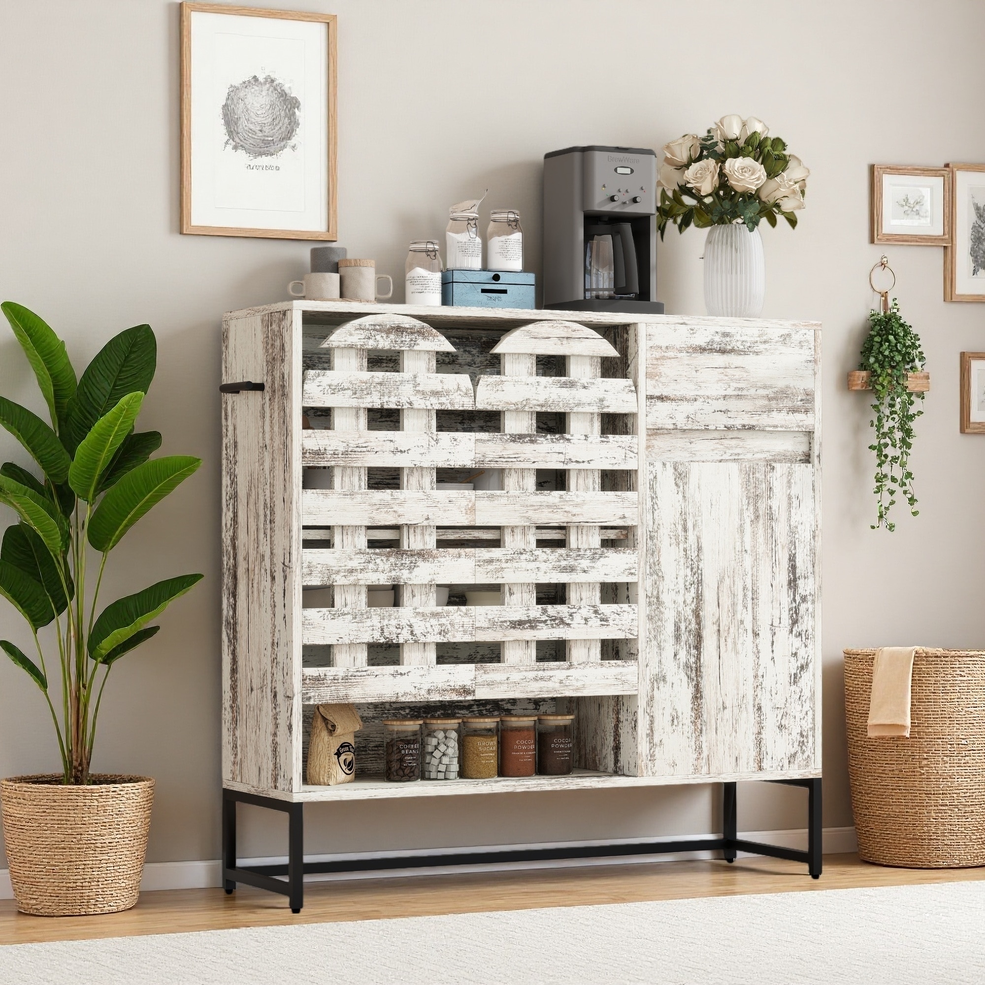 44.3" Farmhouse Sideboard Cabinet with Arched Lattice Doors & Drawer, Rustic Storage and Coffee Bar Console for Living Room