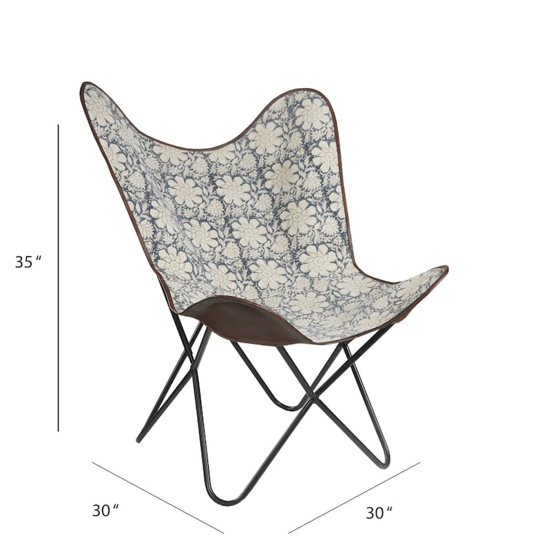 37" Blue and White Floral Faux Leather Sling-Style Butterfly Chair