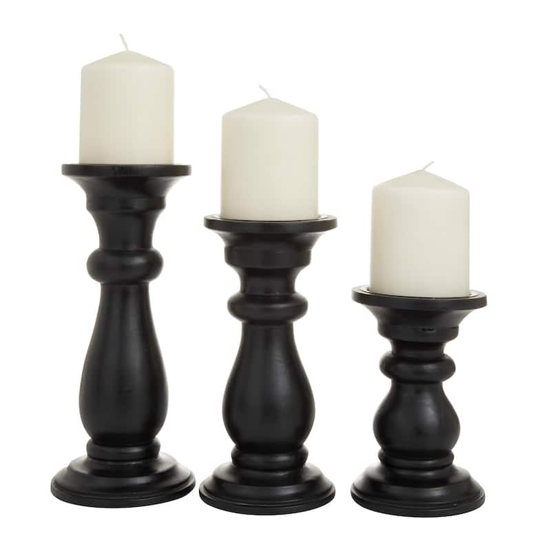 Mango Wood Turned Style Pillar Candle Holder (Set of 3) - Black, White or Gold - S/3 10", 8", 6"H