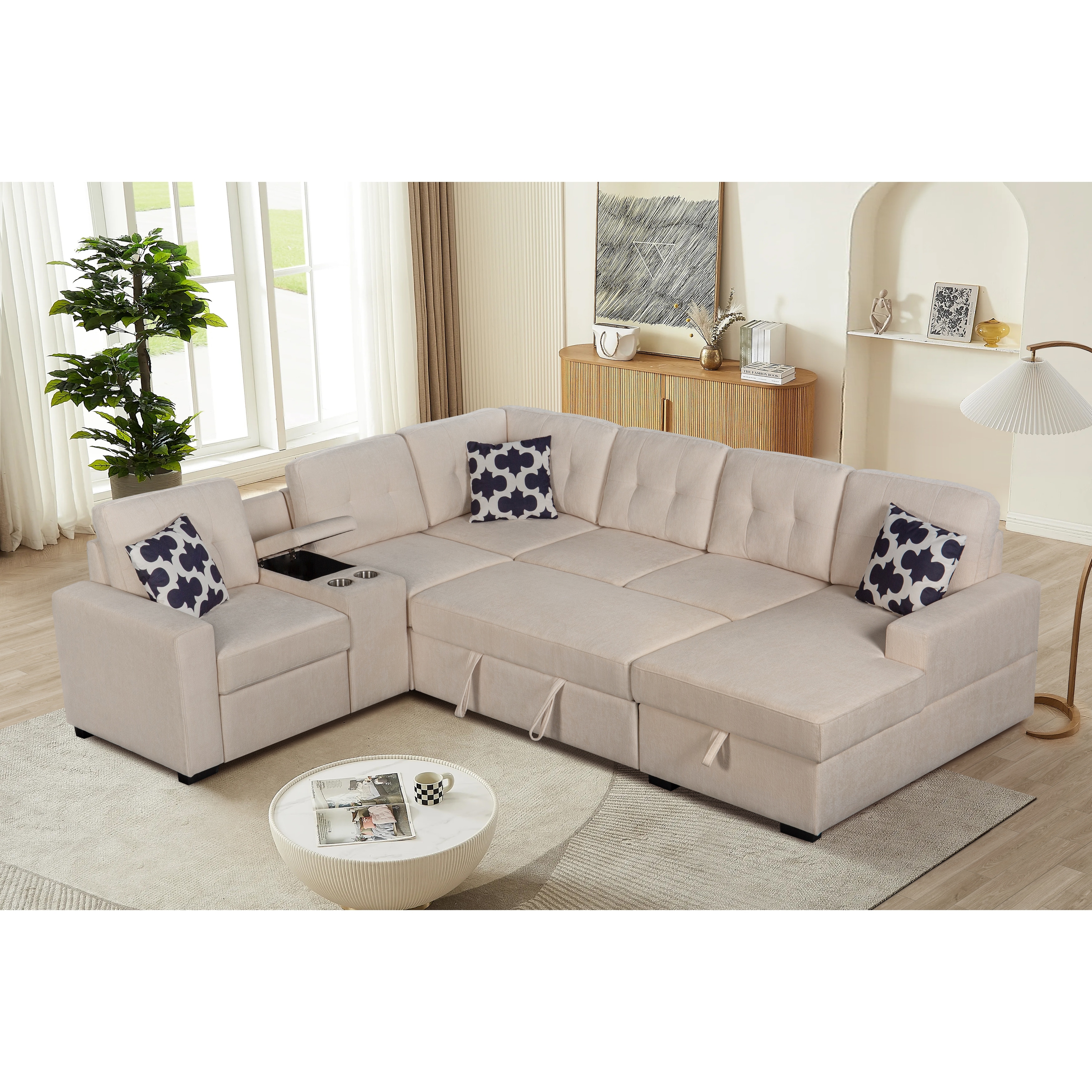 Modular L-Shaped Sectional Sofa With Built-In Cup Holders Hidden Storage Compartments