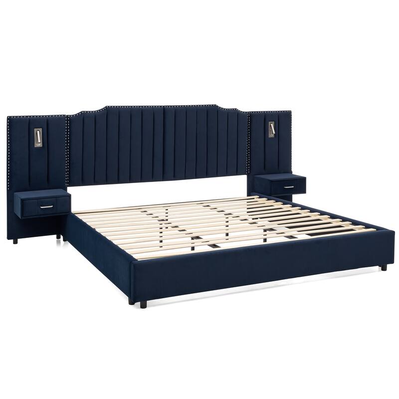 King Upholstered Wingback Platform Bed Frame with Vertical Stripe Enlarged Headboard, Adjustable Lamps & Integrated Nightstand