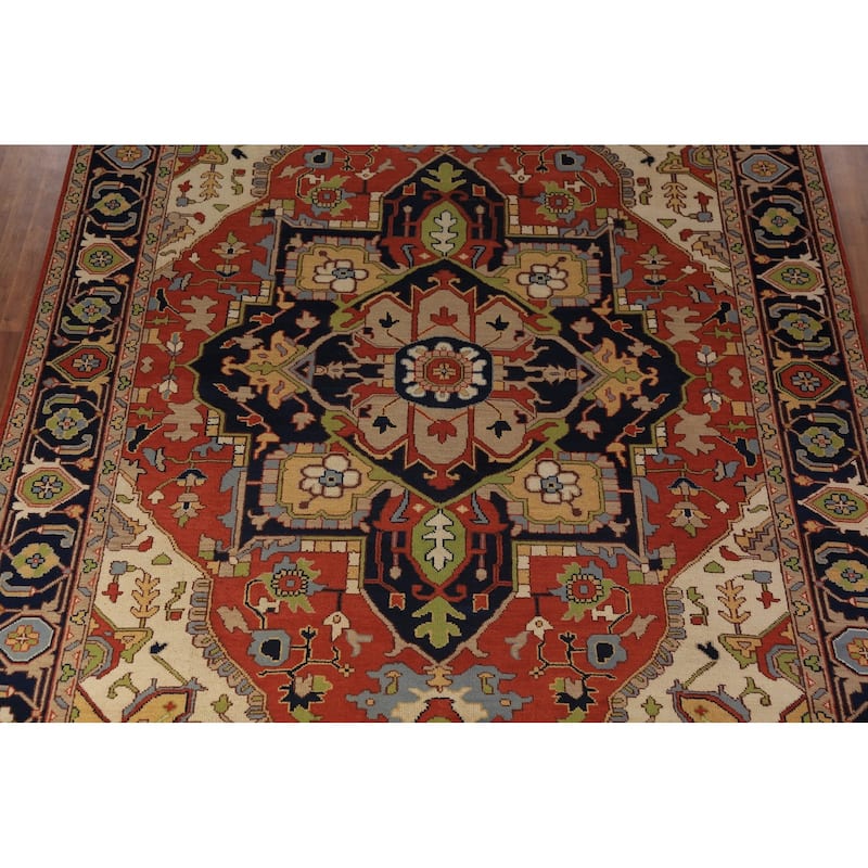 Orange Medallion Heriz Serapi Indian Large Rug Handmade Wool Carpet - 9'11"x 13'9"