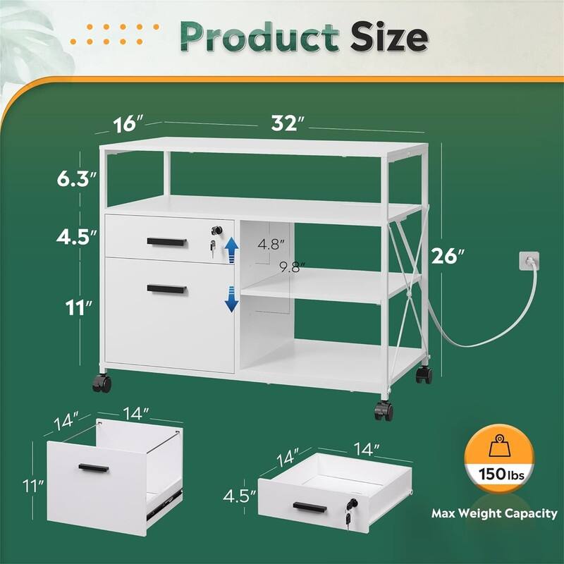 2 Drawer Locking File Cabinet with Charging Station - 15.7"D x 31.7"W x 26.1"H