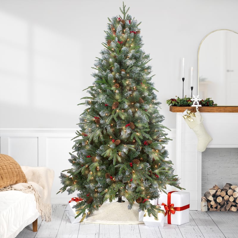 7ft Pre-Lit Frosted Mixed Berry Pine Artificial Christmas Tree - Clear Lights - 7'