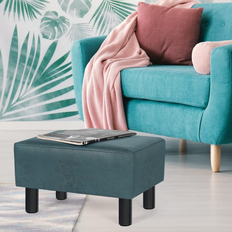 Adeco Rectangle Footrest Ottoman Faux Leather Foot Stool - Blue