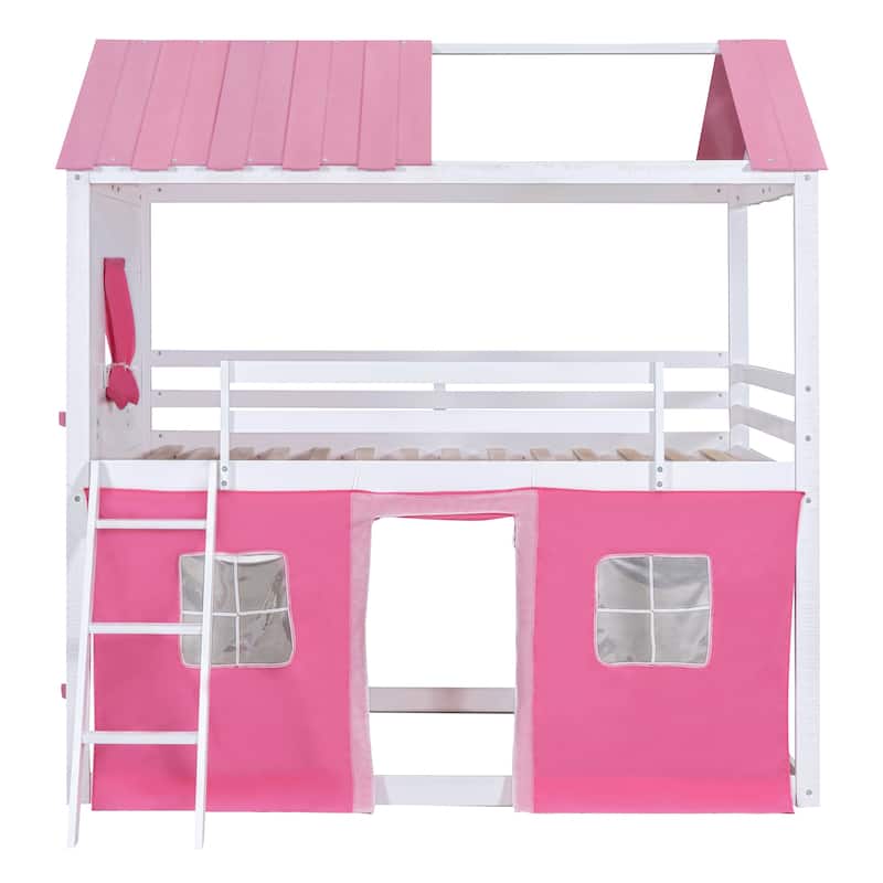 Bunk Wood House Bed with Elegant Windows, Sills and Tent