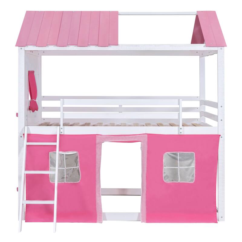White+Pink Full Size Wood Castle House Bunk Bed with Windows, Sills, Tent, and Slide, Playhouse Design