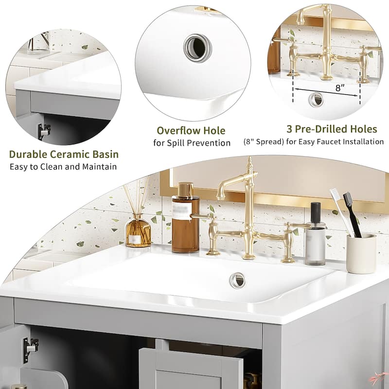 Solid Wood Frame Bathroom Vanity Cabinet with Ceramic Sink, Space-Saving 24-Inch Vanity