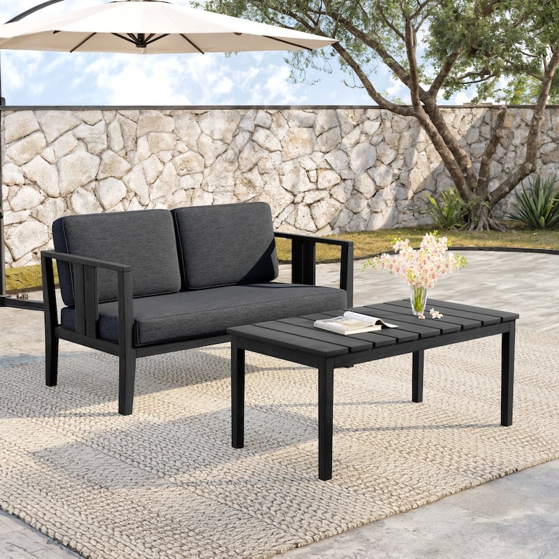 Teak Wood Water Resistant Outdoor Loveseat and Coffee Table Set (Set of 2) - Black frame - Dark Gray/Black