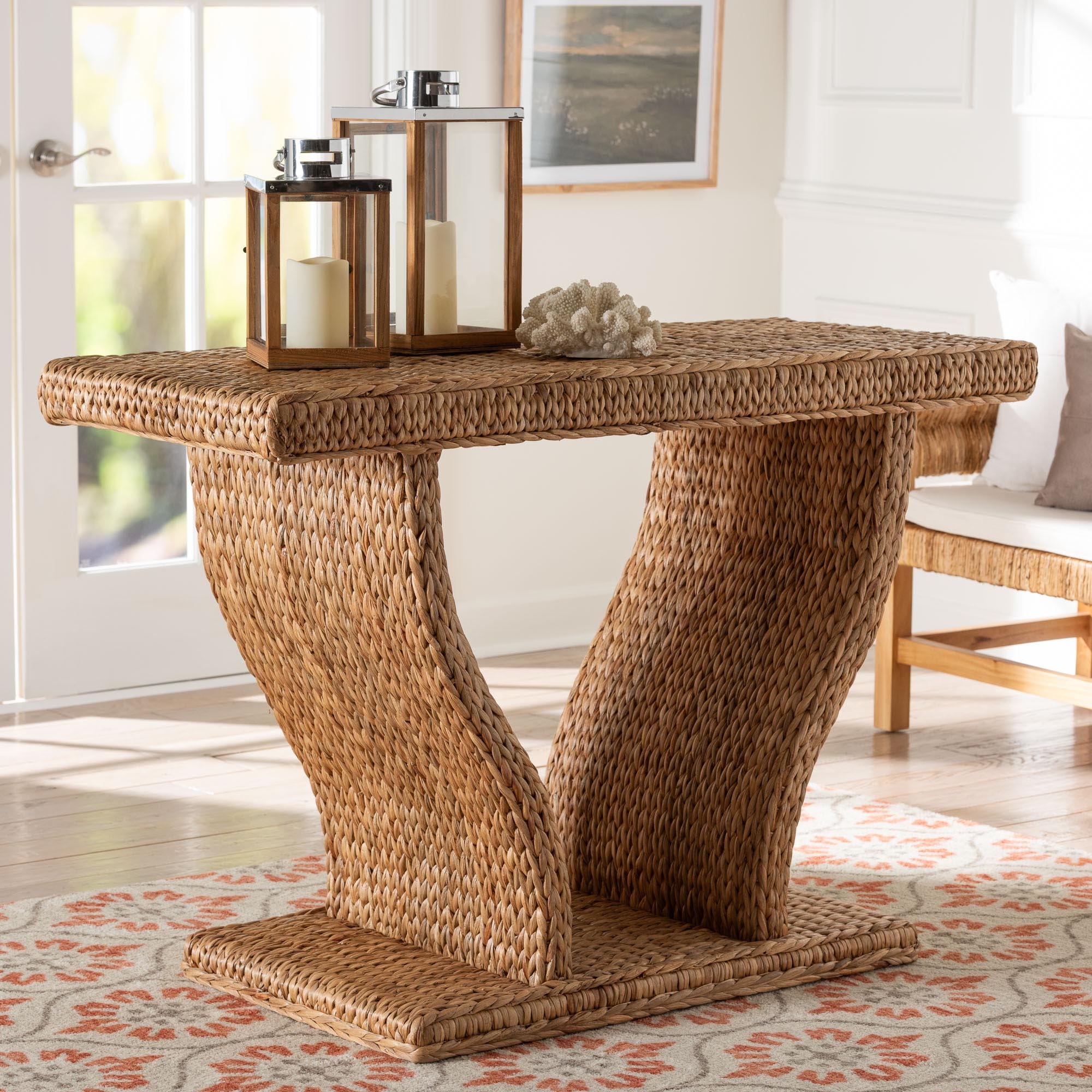 Alyssa Seagrass Console Table - Handwoven Display Table with Sculptural Frame for Entryway, Hallway, or Living Room