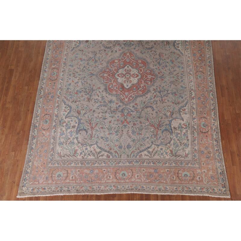 Hand Knotted Oriental 100% Wool Carpet Traditional Floral Greys & Charcoal Tabriz Area Rug - 11' 4'' X 8' 5''