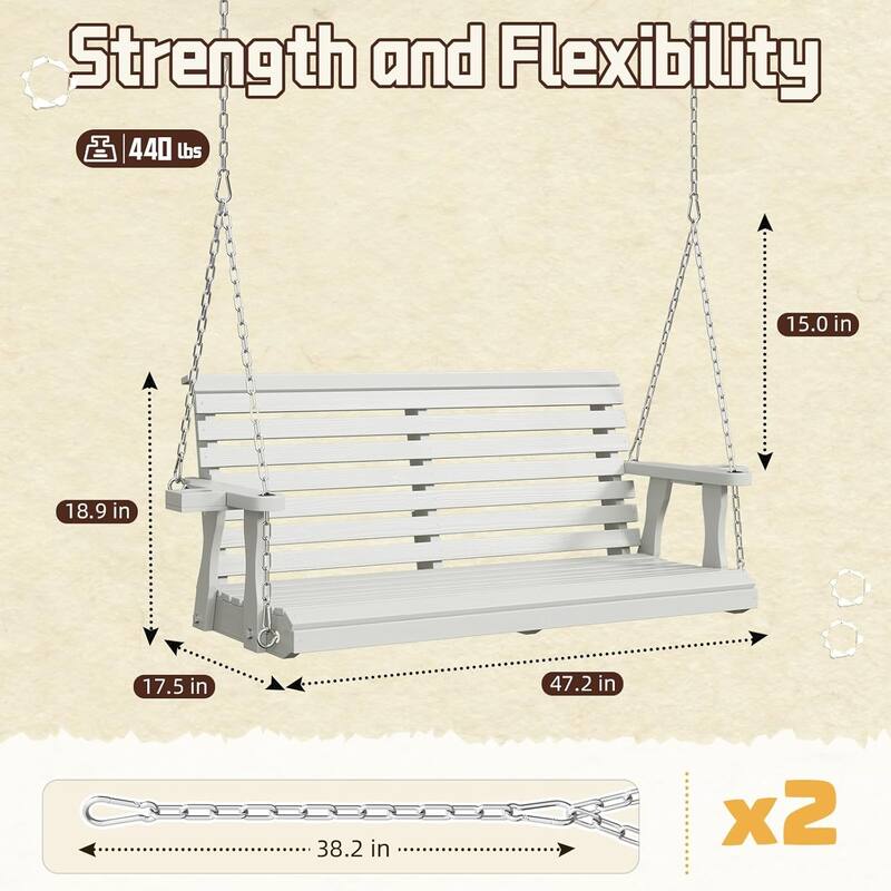 2-Seat Outdoor Wooden Porch Swing Bench with Hanging Chains & Wide Armrests & Cup Holder