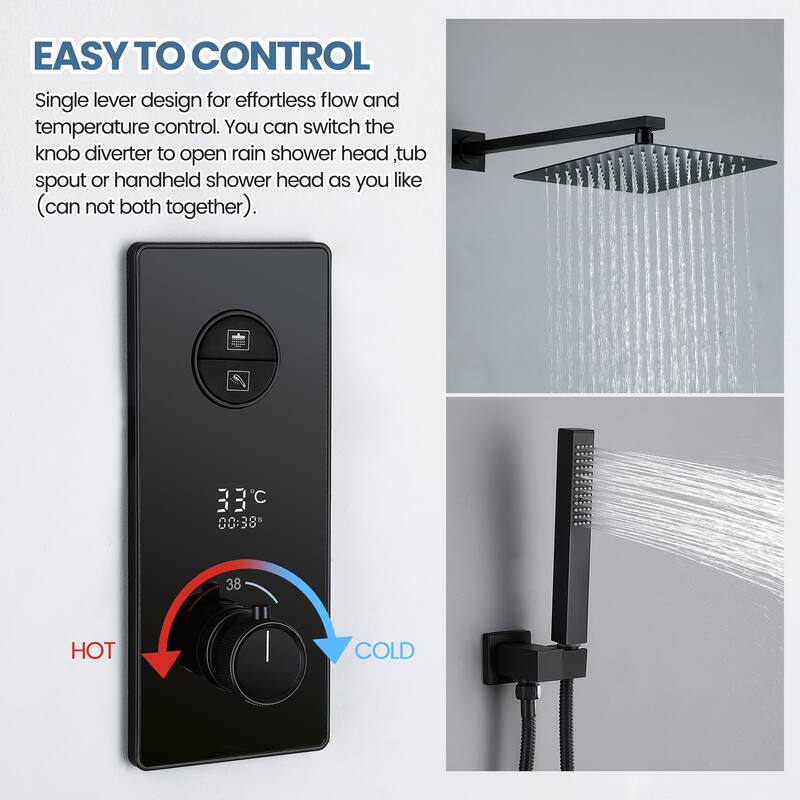 9.84" Digital Display Thermostatic Complete Shower System with Rough in-Valve, Rain Shower Head
