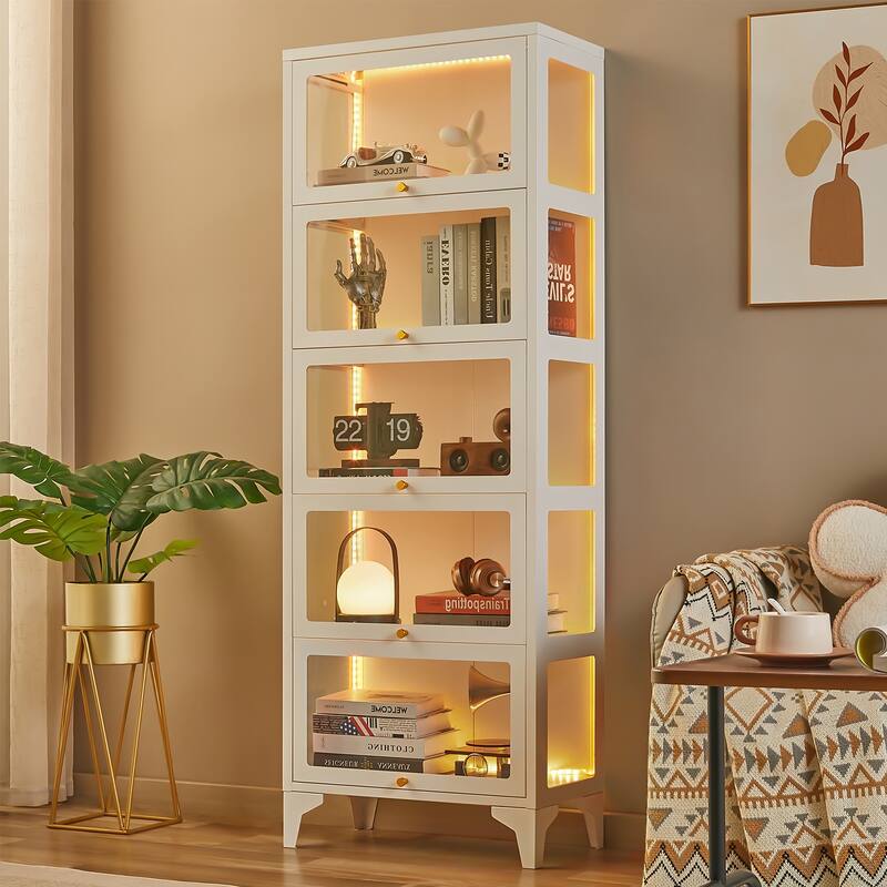 4/5-Tier Curio Display Cabinet with Glass Flip Doors & LED Light Strip