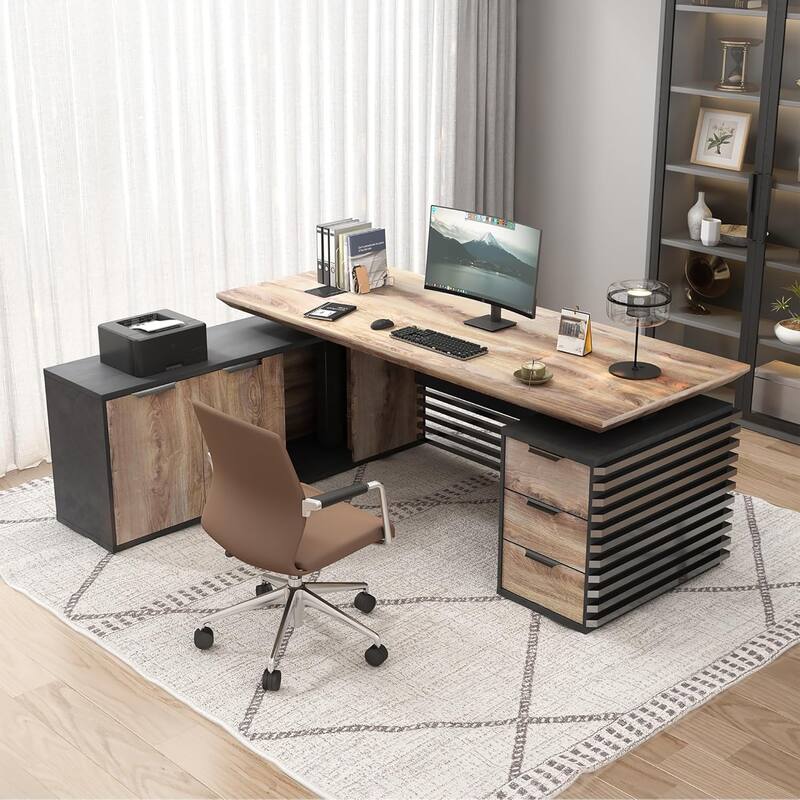 Adjustable L-Shaped Executive Desk with Outlets File Cabinets 3 Drawers Custom Size & Color - 78inches - Left Return-Black/Wood