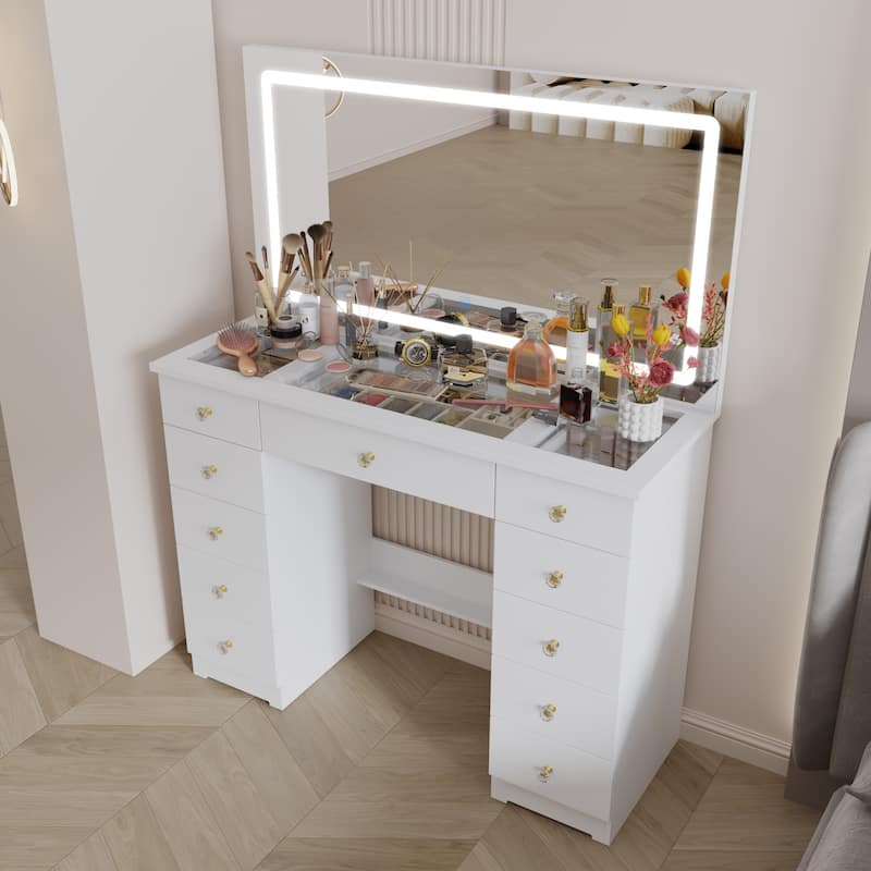 White Vanity Desk with Large LED Lighted Mirror & Glass Tabletop, Makeup Table with 11 Drawers