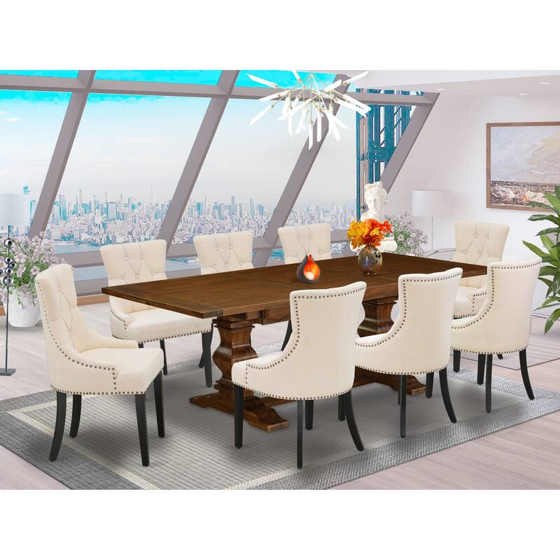 East West Furniture Dining Room Set- a Wooden Table and Light Beige Linen Fabric Dining Chairs, (Pieces & Finish Options)