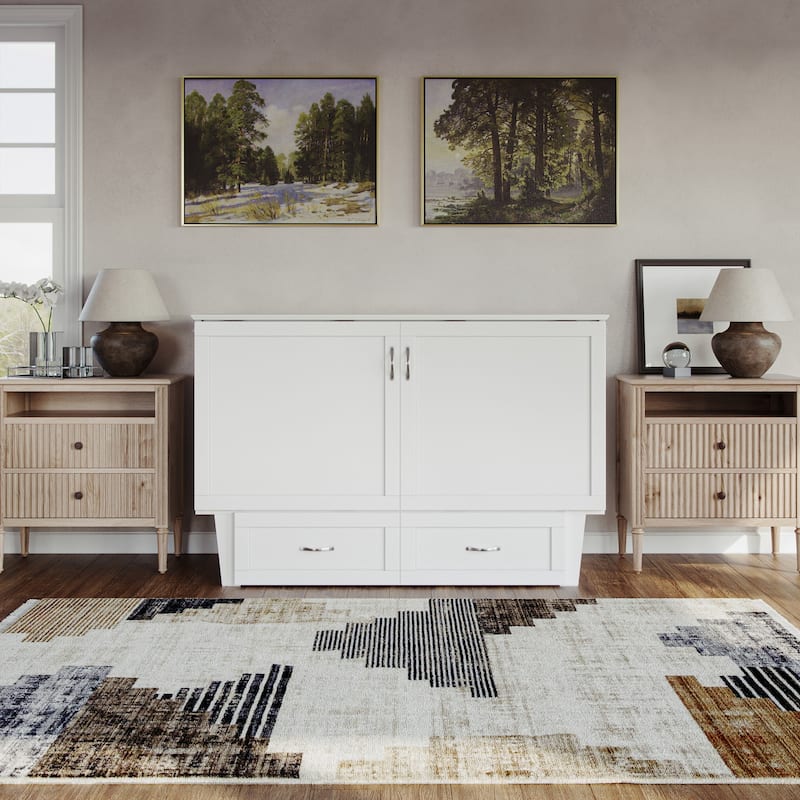 Chelsea Queen Murphy Bed Chest with 6" Mattress, Storage Drawer & Built-In Charger in White