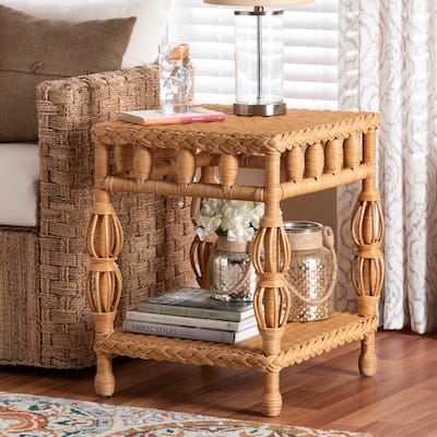 Dolby Natural Rattan End Table - Handwoven Wicker Side Table with Lower Shelf, Coastal Boho Style Accent Table