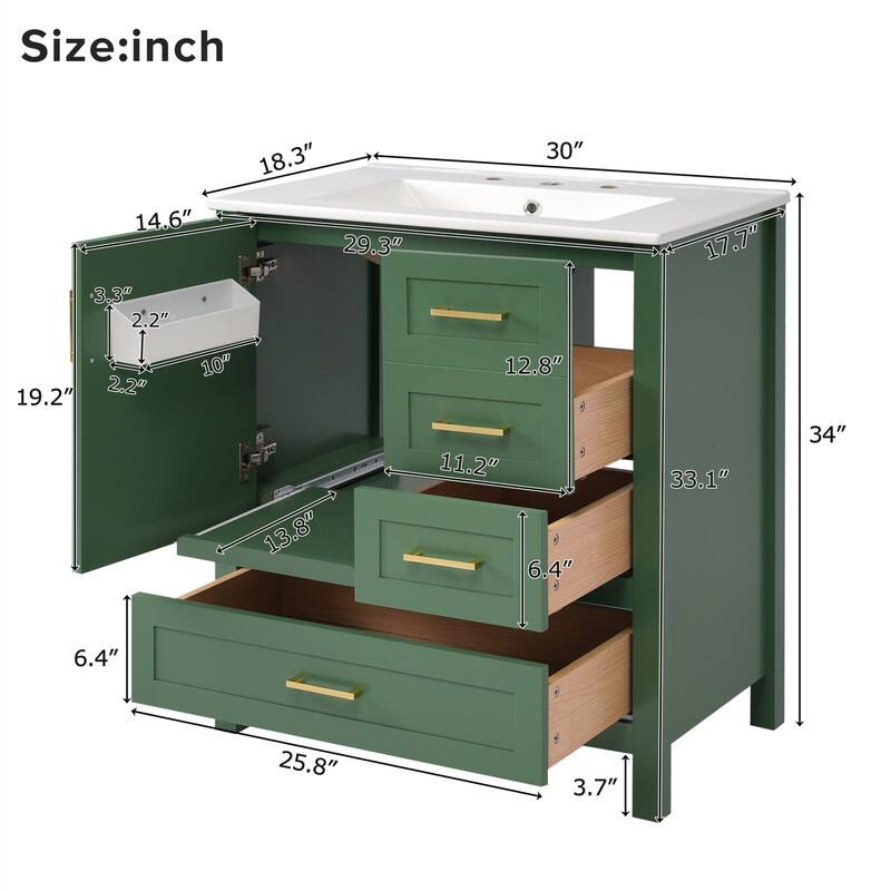 30" Bathroom Vanity with Ceramic Sink Top, Modern Bathroom Storage Cabinet with Soft Close Door, 3 Drawers and Removable Tray